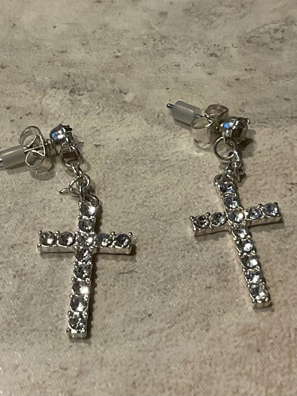 Rhinestone Cross Drop Stud Earrings - Silver Tone